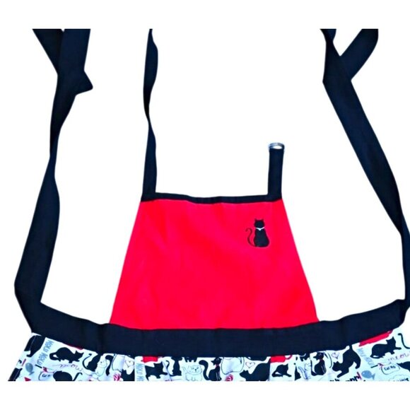 Cat Themed Apron Red White Black Full Apron Vintage - Picture 3 of 5